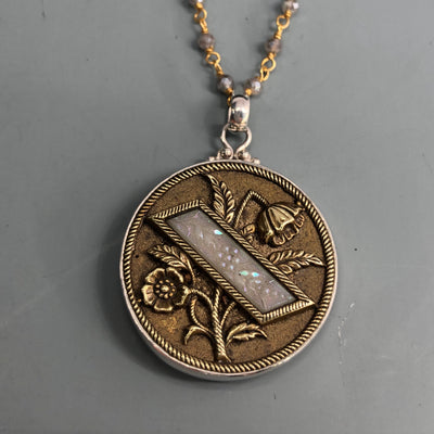 Victorian Floral Metal w/ Lacy Glass Inlay Antique Button Set in Sterling Silver Pendant w/ Labradorite Facet Stone Necklace