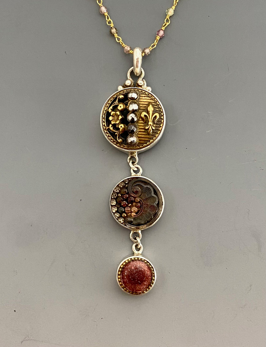 Victorian Three Button Drop Fleur du Lys Metal & Glass Buttons set in Sterling Silver w/ Stone Rosary Accent
