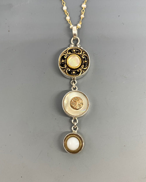 Victorian Three Button Drop Carved Tinted Shell and Pearl w/ Brass set in Sterling Silver w/ Stone Rosary Accent