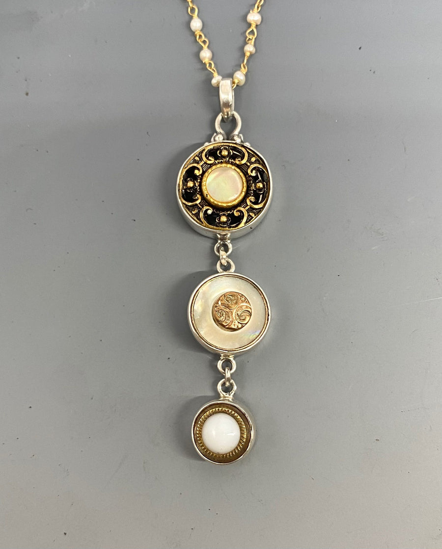Victorian Three Button Drop Carved Tinted Shell and Pearl w/ Brass set in Sterling Silver w/ Stone Rosary Accent