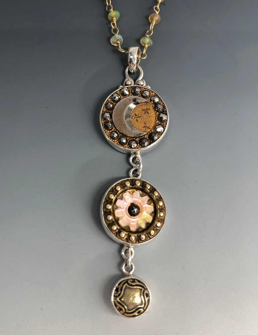 Victorian Triple Antique Button Drop Necklace set in Sterling Silver w/ Labradorite Facet Necklace