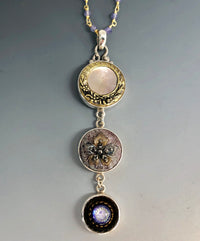Victorian Three Button Drop Czech Glass And Pearl set in Sterling Silver w/ Labradorite Facet Stone