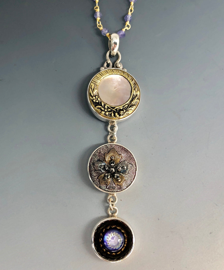 Victorian Three Button Drop Czech Glass And Pearl set in Sterling Silver w/ Labradorite Facet Stone