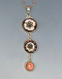 Victorian Three Button Drop Carved Tinted Shell and Pearl w/ Steel Facet Accent set in Sterling Silver w/ Stone Rosary Accent