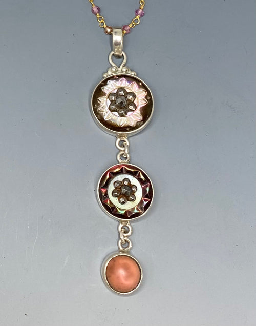 Victorian Three Button Drop Carved Tinted Shell and Pearl w/ Steel Facet Accent set in Sterling Silver w/ Stone Rosary Accent