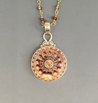 Victorian Carved Shell Pearl Button set in Sterling silver w/ garnet Rosary Necklace