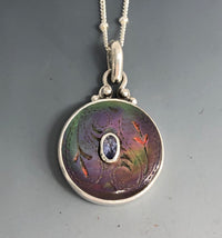 Victorian Carved Pearl Button with Tourmaline Facet Center Stone set in Sterling Silver Pendant w/ Sterling Chain Accent