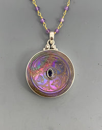 Victorian Carved Shell Pearl Button w/ Tourmaline Center set in Sterling silver w/ Facet Amethyst Rosary  Necklace