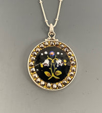 Victorian Steel Facet Rim Hand Painted Floral Enamel Button set in Sterling silver w/ Sterling Silver Necklace
