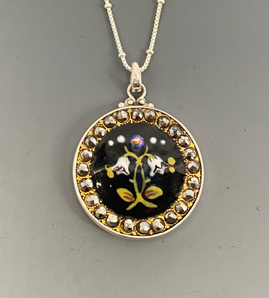 Victorian Steel Facet Rim Hand Painted Floral Enamel Button set in Sterling silver w/ Sterling Silver Necklace