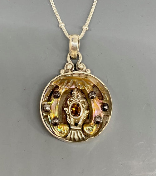 Victorian Carved Shell Pearl Button w/ Topaz Center set in Sterling silver w/ Sterling Silver Necklace