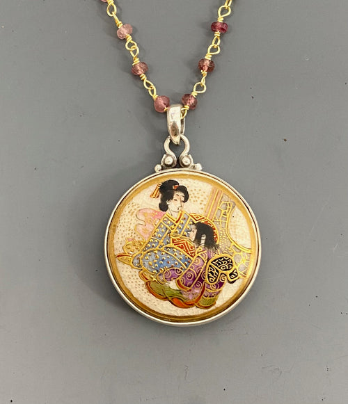 Hand Painted Satsuma Button W/ Gold Painted Accent set in Sterling silver w/ Garnet Necklace