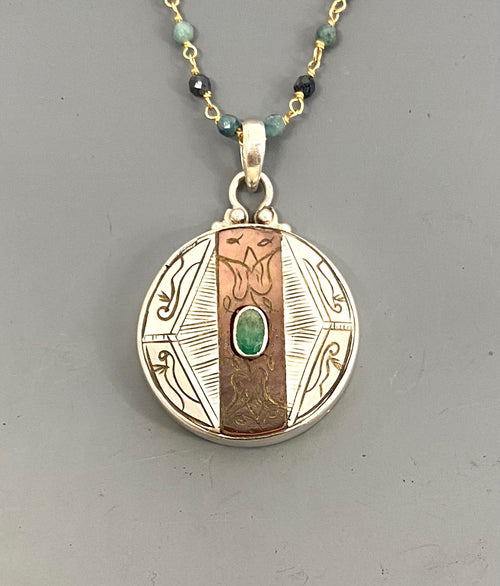 Victorian Carved Shell Pearl Button w/ Tourmaline Center set in Sterling silver w/ Apetite Rosary Necklace