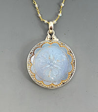 Victorian Opalescent Lacy Glass Button w/ gold Painted Accent set in Sterling silver w/ Pearl Necklace
