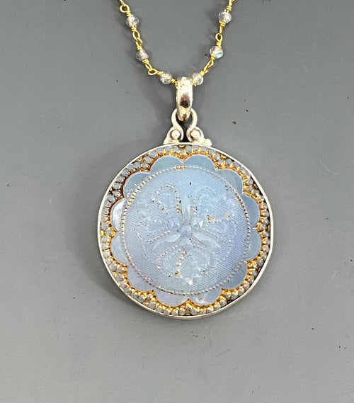 Victorian Opalescent Lacy Glass Button w/ gold Painted Accent set in Sterling silver w/ Pearl Necklace
