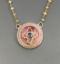 Victorian Carved Shell Pearl Button set in Sterling silver w/ Ethiopian Opal Rosary Necklace