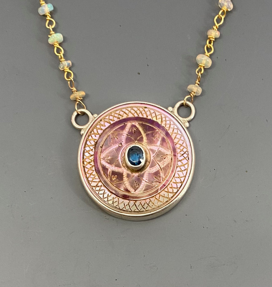 Victorian Carved Shell Pearl Button set in Sterling silver w/ Ethiopian Opal Rosary Necklace