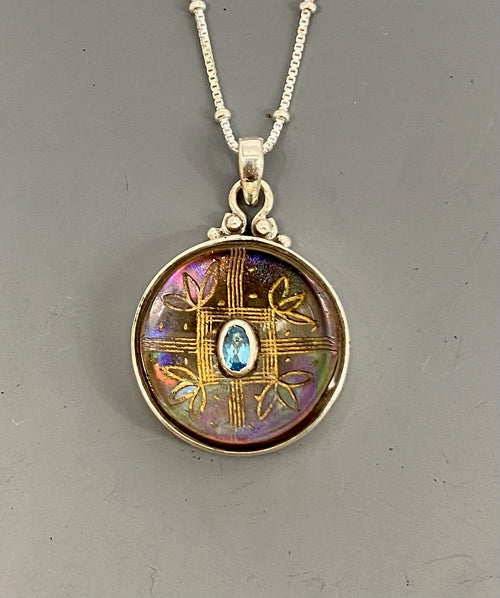 Victorian Carved Shell Pearl Button w/ Topaz Center set in Sterling silver w/ Sterling Silver Necklace