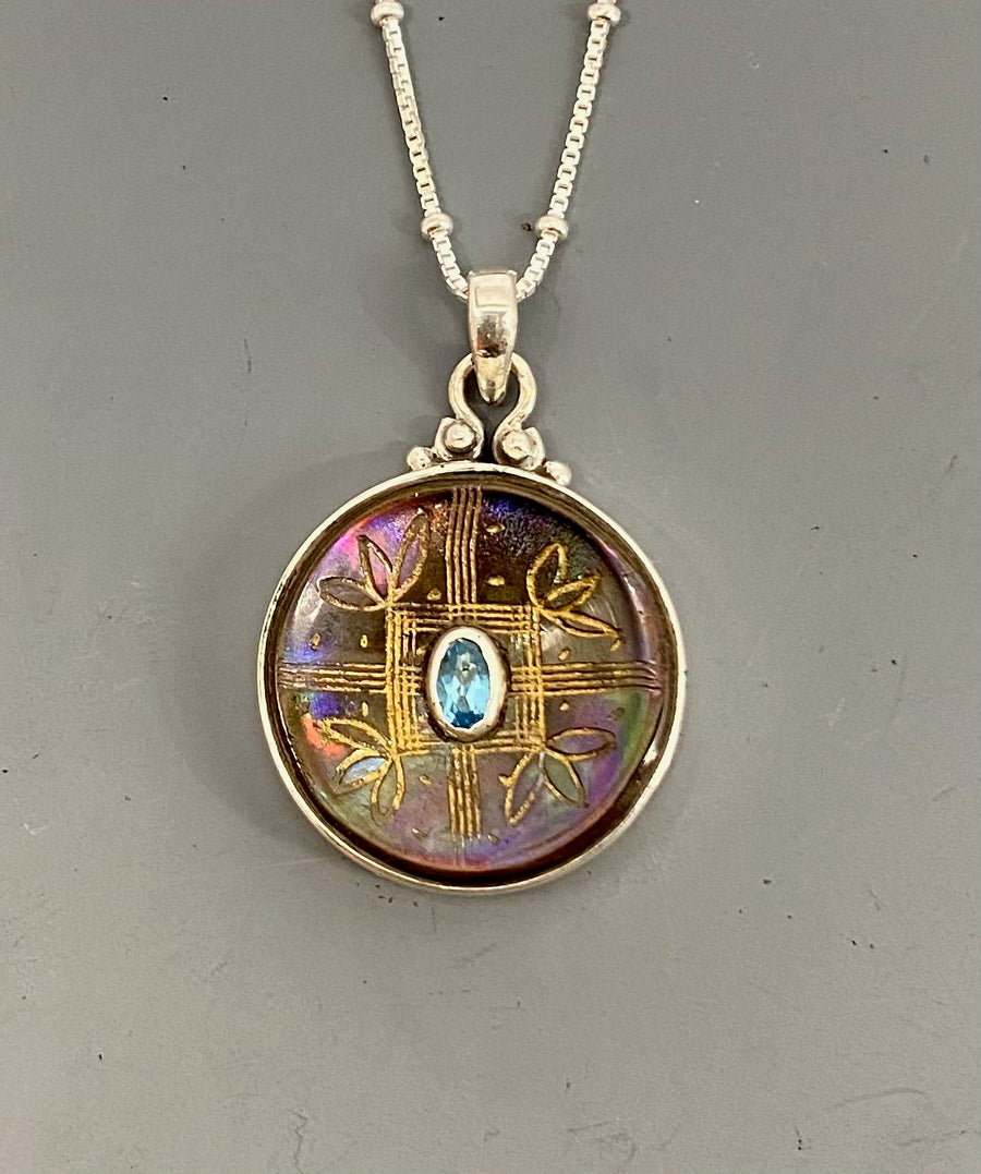 Victorian Carved Shell Pearl Button w/ Topaz Center set in Sterling silver w/ Sterling Silver Necklace