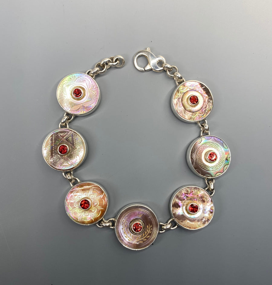 Victorian carved Pearl Buttons with Garnet Stone Centers Set in Sterling Silver Bracelet