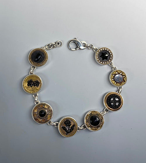 Victorian Glass in Metals & Jeweled Button Bracelet set in  Sterling Silver