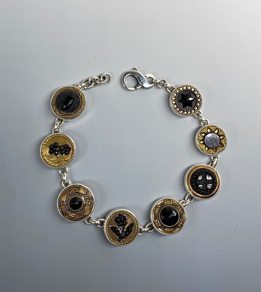 Victorian Glass in Metals & Jeweled Button Bracelet set in  Sterling Silver
