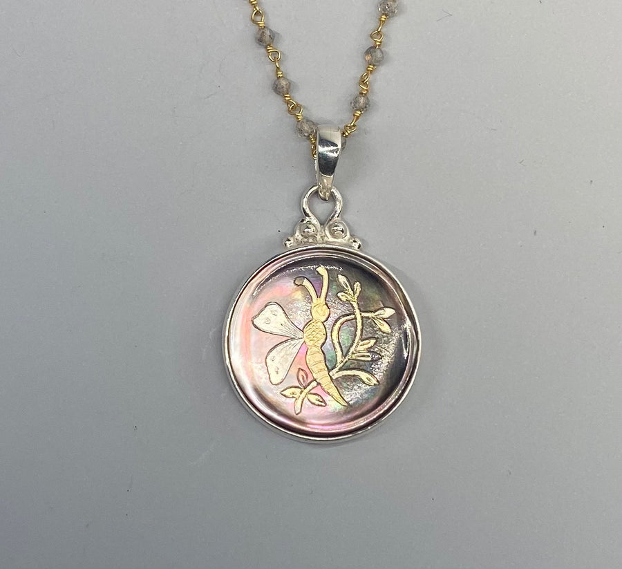 Victorian Carved Pearl Bee Button Set in Sterling Silver w/ Labradorite Stone Necklace