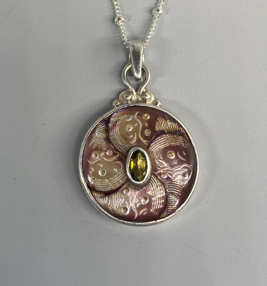 Victorian Carved Tinted pearl Button with Garnet Center set in Sterling Silver Satellite Necklace.