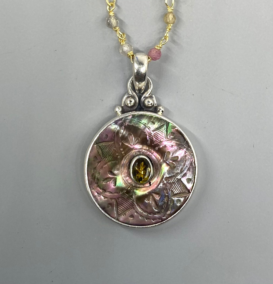 Victorian Carved Pearl Tourmaline Center Stone Set in Sterling Silver Necklace w/ Tourmaline Rosary