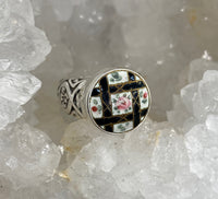 Victorian Hand Painted Enamel  Set in Sterling Silver Ring Size 8