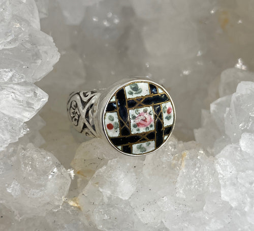 Victorian Hand Painted Enamel  Set in Sterling Silver Ring Size 8