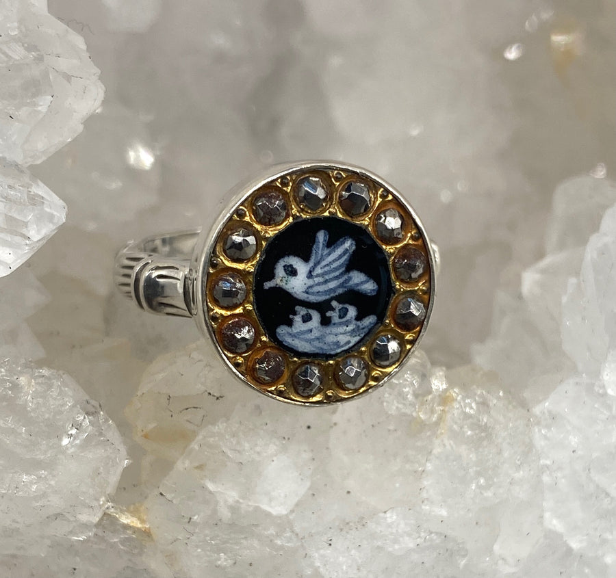 Victorian Hand Painted Enamel Bird W/Steel Facet Rim Set in Sterling Silver Ring Size 8