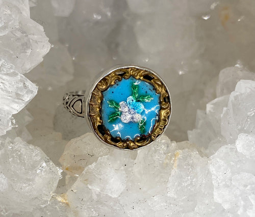 Victorian Hand Painted Enamel Aqua Flower Foiled Set in Sterling Silver Ring Size 7.5