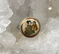 Satsuma Porcelain Hand Painted Button Woman and Child set in Sterling Silver Ring Size 8