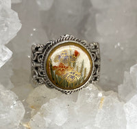 Satsuma Porcelain Hand Painted Floral Button set in Sterling Silver Ring Size 8
