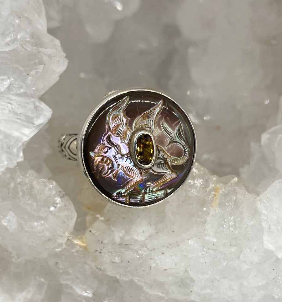 Victorian Carved Pearl Dragon w/ Tourmaline accent set in Sterling Silver Ring Size 8