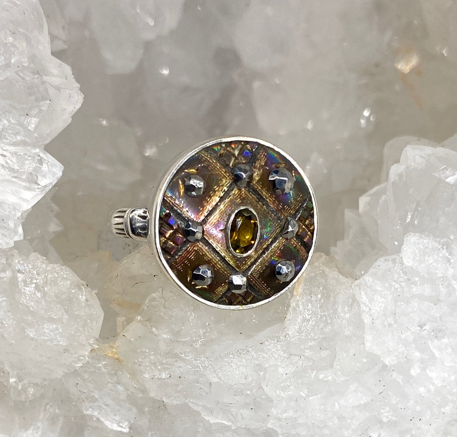 Victorian Carved Pearl tinted w/ Steel facet accent & Tourmaline stone center set in Sterling Silver Size 8.5