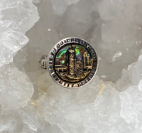 Victorian Carved Shell w/ Metal Village Scene Button set in Sterling Silver Ring Size 8.5