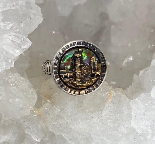Victorian Carved Shell w/ Metal Village Scene Button set in Sterling Silver Ring Size 8.5