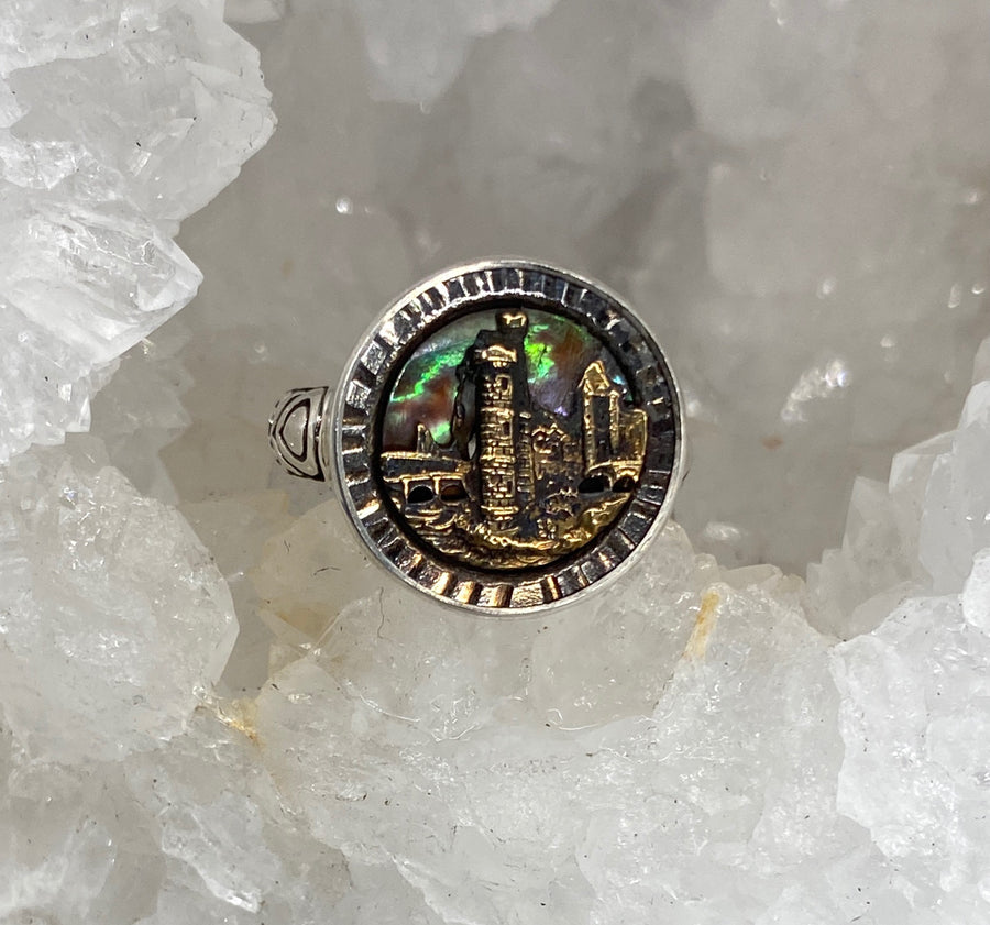 Victorian Carved Shell w/ Metal Village Scene Button set in Sterling Silver Ring Size 8.5