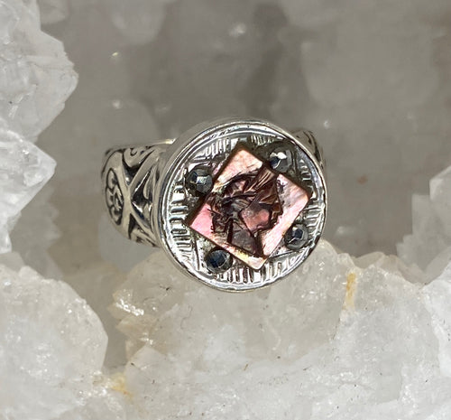 Victorian Carved Pearl Cameo w/Steel Facet accent set in Sterling Silver Ring Size 7.5