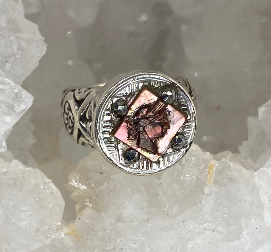 Victorian Carved Pearl Cameo w/Steel Facet accent set in Sterling Silver Ring Size 7.5