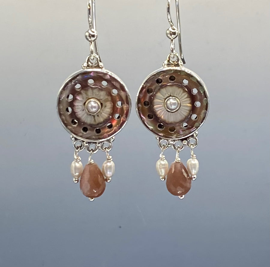 Carved Shell Antique Button set in Sterling Silver W/ Tourmaline & Pearl Drop & Pearl Center Accent