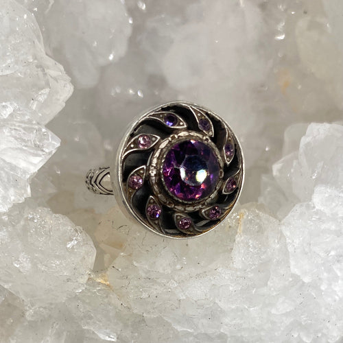 Victorian Purple glass in Metal Button set in Sterling Silver Ring Size 8