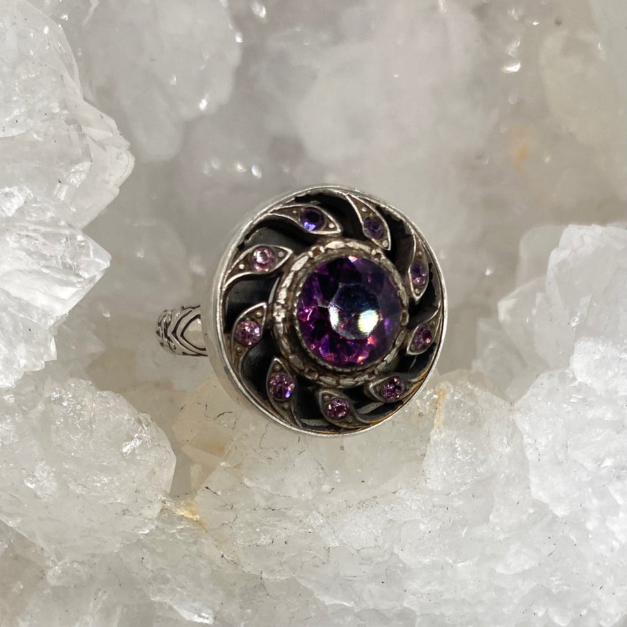 Victorian Purple glass in Metal Button set in Sterling Silver Ring Size 8