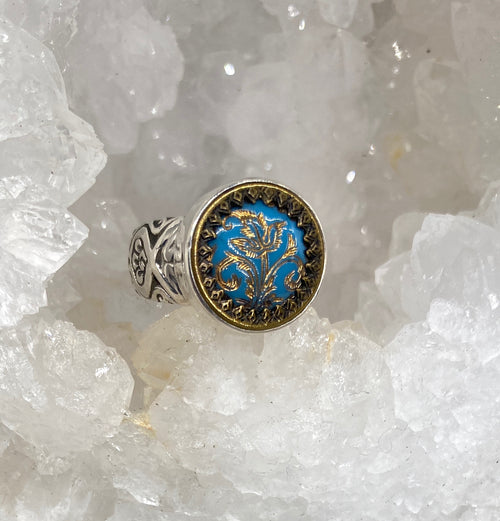 Victorian glass in Metal Button set in Sterling Silver Ring Size 8.5