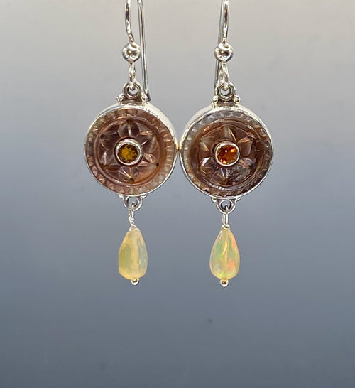 Carved Shell Antique Button set in Sterling Silver W/ Ethiopian Opal Stone Accent & Tourmaline Center Stone