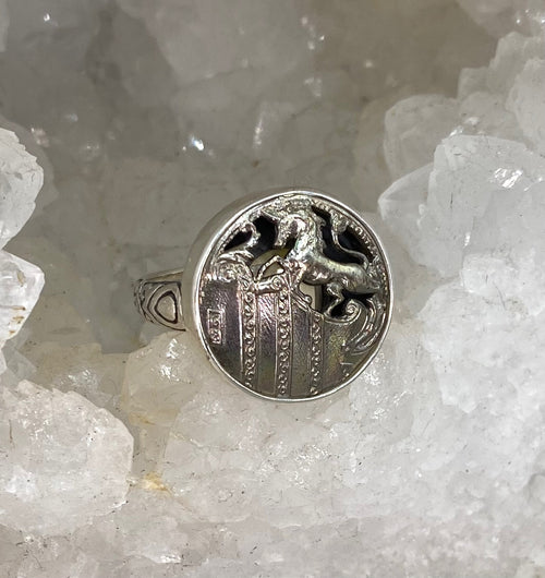 Victorian Openwork Metal Pegasus Button Set in Sterling Silver Ring Design Size 7.5