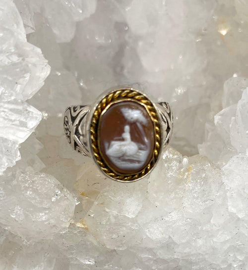 Victorian Carved Cowry Shell Village Scene set in Button set in Sterling Silver Ring Size 8