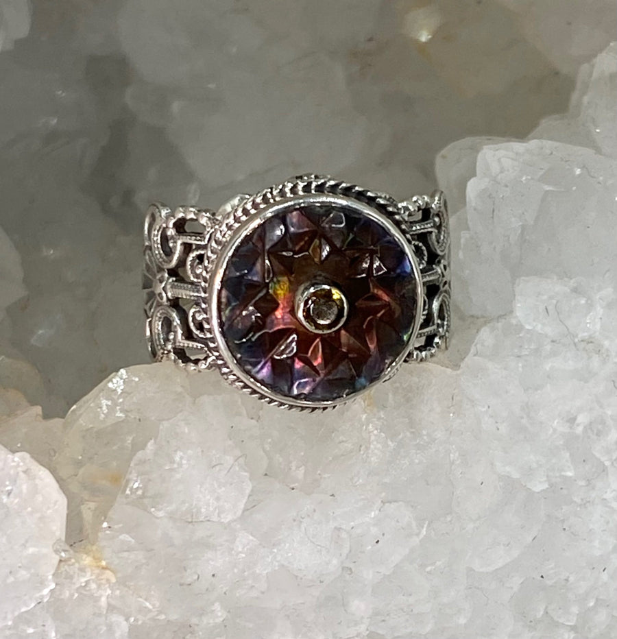 Victorian Carved Tinted Shell Button  w/ Tourmaline Facet Stone Accent Set in Sterling Silver Filigree Ring Design Size 7.5